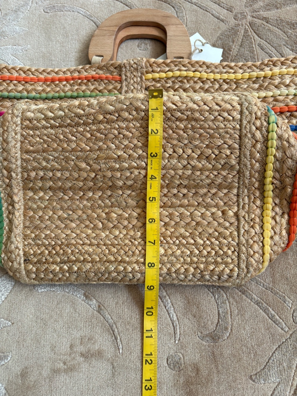 NWT, Anthropologie Antik Kraft Tuhi Colorful Jute Rainbow Tote w/ Wooden Handels - Picture 16 of 16